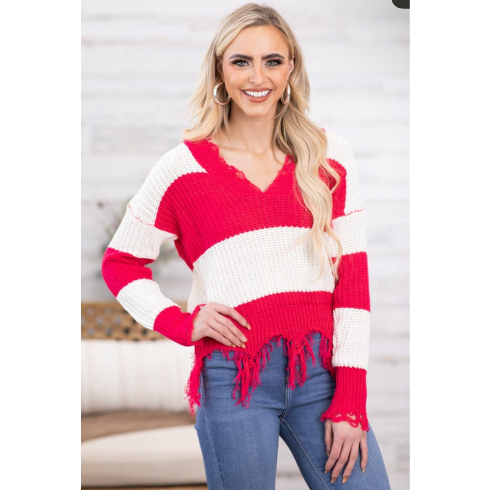 Women's Adora Red & White Striped V-Neck Sweater Fringe trim size L - Picture 2 of 7